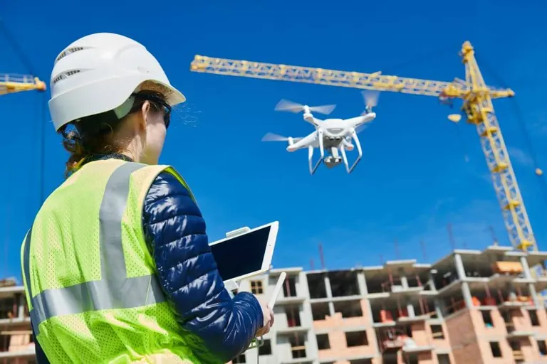 A drone operator at a construction site with a drone in flight