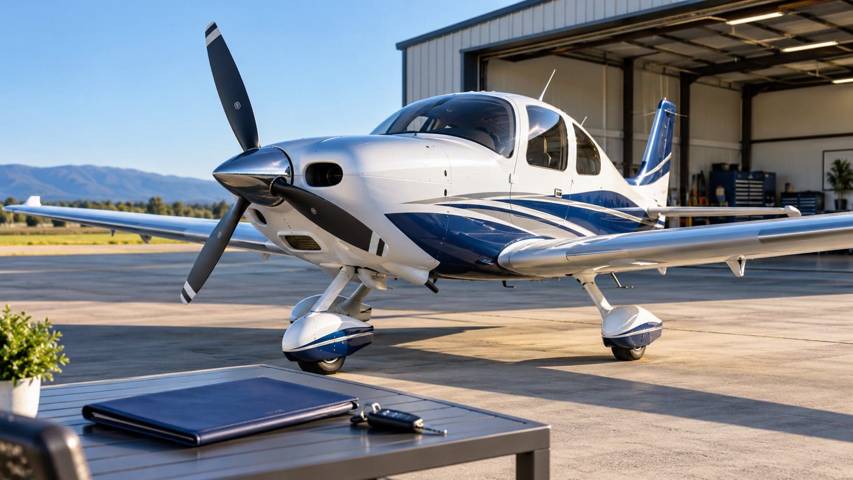 Blue and white light airplane outside a hangar with a document folder and keys in the foreground