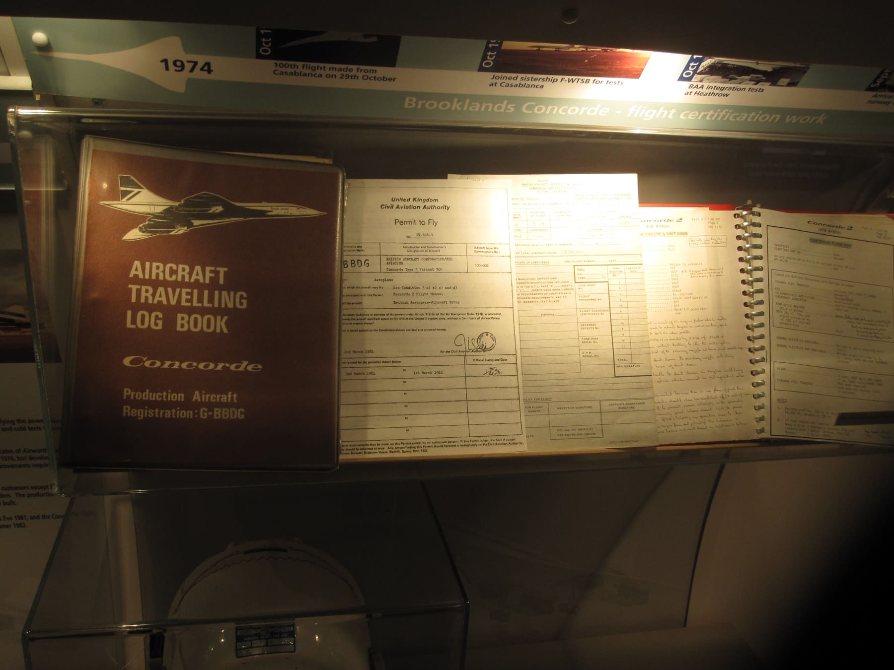 Historical Concorde records and manuals museum display photographed in 2010